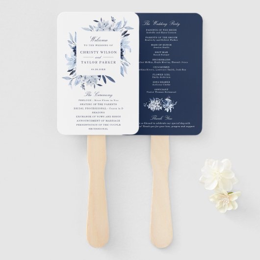 Éventail Cérémonie de Mariage d'aquarelle moderne bleu (Devant et derrière)