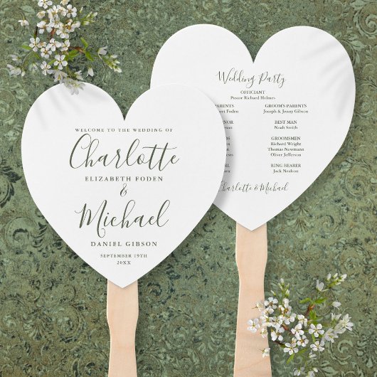 Éventail Cérémonie de mariage Olive Green Script Heart