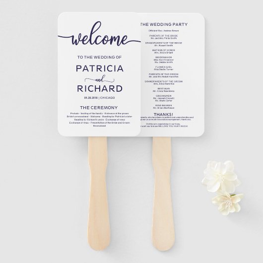 Éventail Cérémonie de mariage Ordre de service Chic Marine  (Devant et derrière)