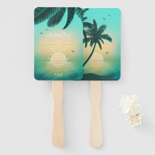 Éventail Cérémonie de mariage Tropical Isle Sunrise Teal ID (Devant et derrière)