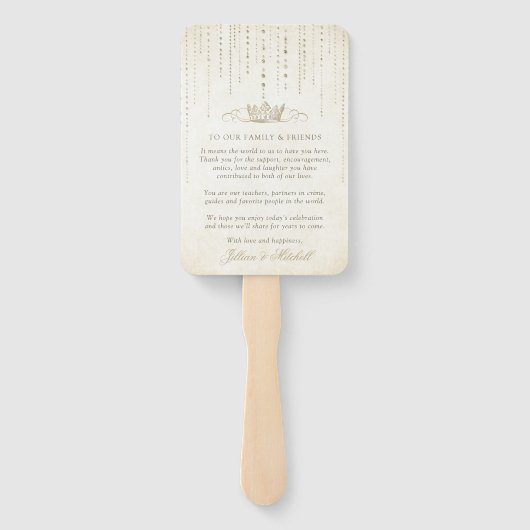 Éventail Champagne Gold Fairytale Couronne Merci Keepsaké (Dos)
