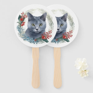 Éventail Chat Bleu Russe Couronne de Noël Kitten Festif