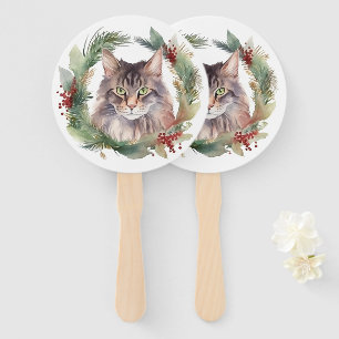 Éventail Chat Maine Coon Couronne de Noël Kitten Festif