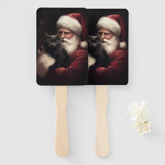 Éventail Chat noir avec Noël Festif du Père Noël (Devant et derrière)