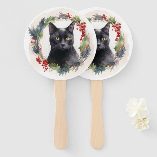 Éventail Chat noir Fête de couronnes de Noël Kitten (Devant et derrière)