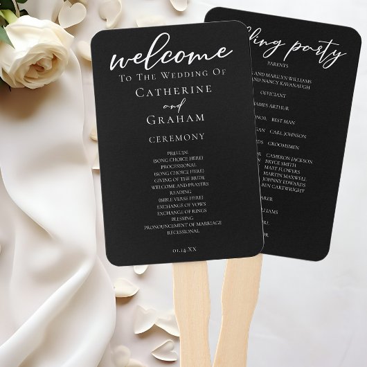 Éventail Chic Black White Script Wedding Programme