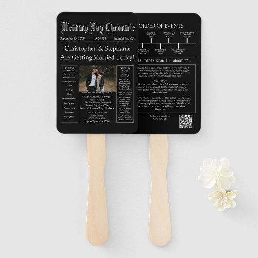 Éventail Chic Editable Newspaper Wedding Program QR Code (Devant et derrière)