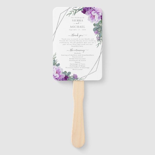 Éventail Chic Floral Purple & Silver Wedding Programme (Devant)