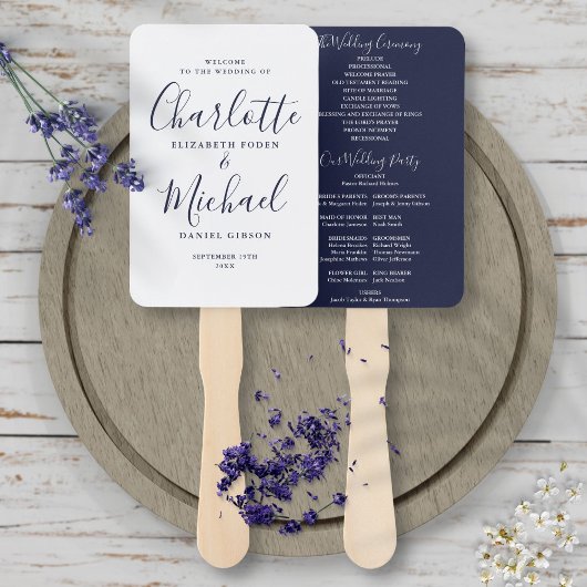 Éventail Chic Navy Blue Signature Script Wedding Programme