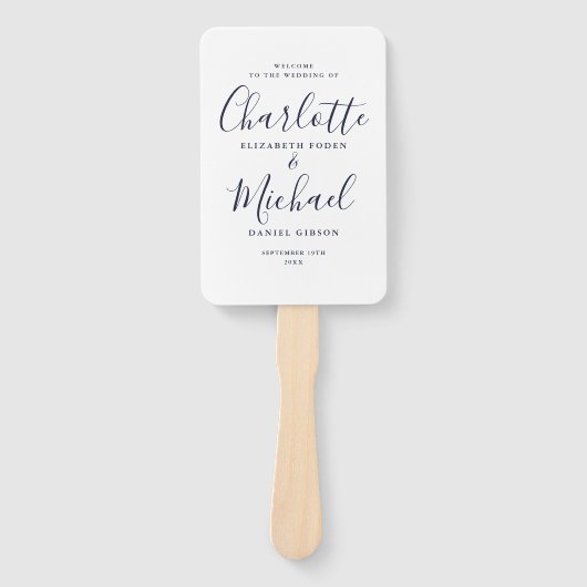 Éventail Chic Navy Blue Signature Script Wedding Programme (Devant)