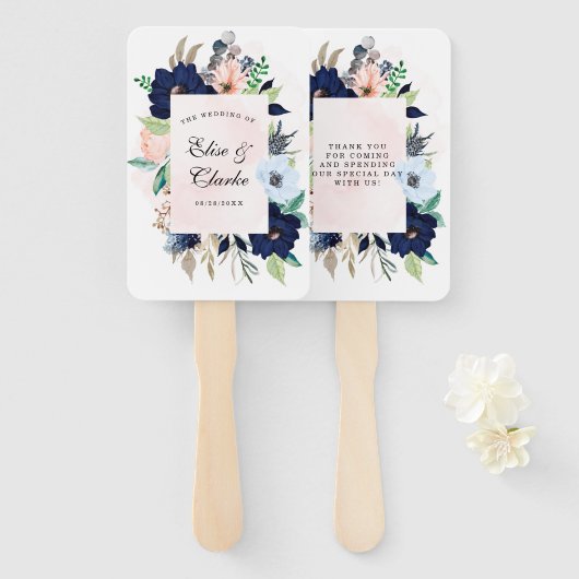 Éventail Chic Navy Blush rose Peint Floral Mariage Merci (Devant et derrière)