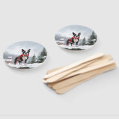 Éventail Chien de Boston Terrier pendant Noël de neige (Non-assemblé)
