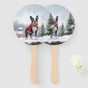 Éventail Chien de Boston Terrier pendant Noël de neige