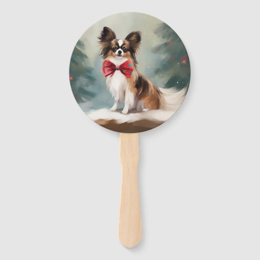 Éventail Chien de Papillon à Noël de neige (Devant)