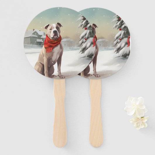 Éventail Chien du Staffordshire américain à Noël de neige (Devant et derrière)