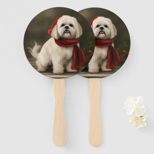 Éventail Chien Lhasa Apso dans la neige de Noël (Devant et derrière)