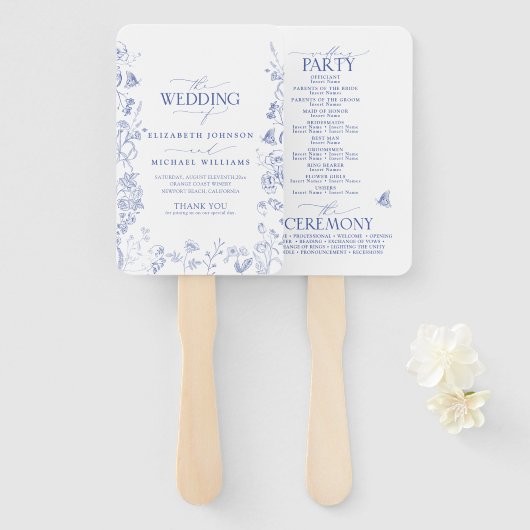 Éventail Chinoiserie French Blue Victorian Wedding Programm (Devant et derrière)