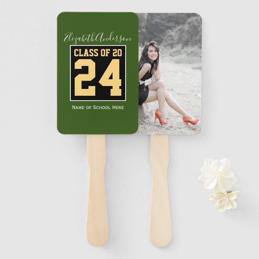 Éventail Classe de 2024 Green Black & Gold Graduation Photo (Devant et derrière)