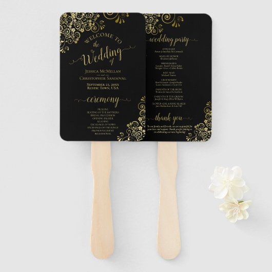 Éventail Classic Black & Gold Lace Élégant programme de mar (Devant et derrière)