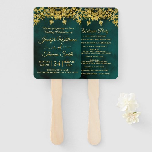 Éventail Classy Dark Green et Golden Wedding Programme (Devant et derrière)