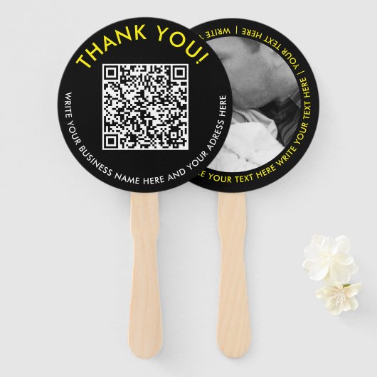 Éventail Code QR Photo Site Web Jaune Noir Moderne (Devant et derrière)