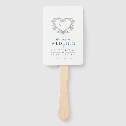 Éventail Coeur argenté bleu foncé et blanc programme de mar (Devant)