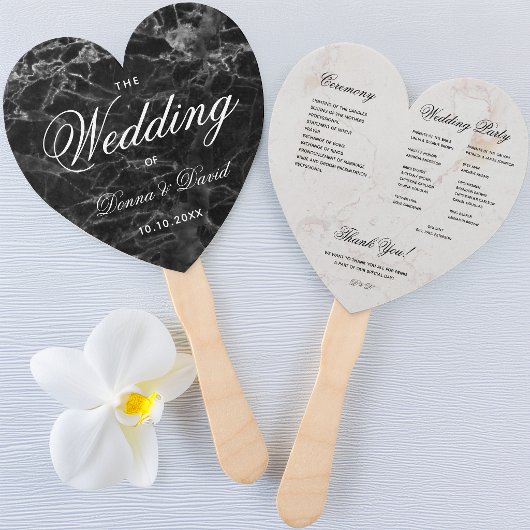 Éventail Cœur en marbre noir et blanc Programme de mariage