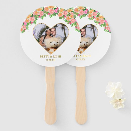 Éventail Coeur romantique et fleurs roses (Devant et derrière)