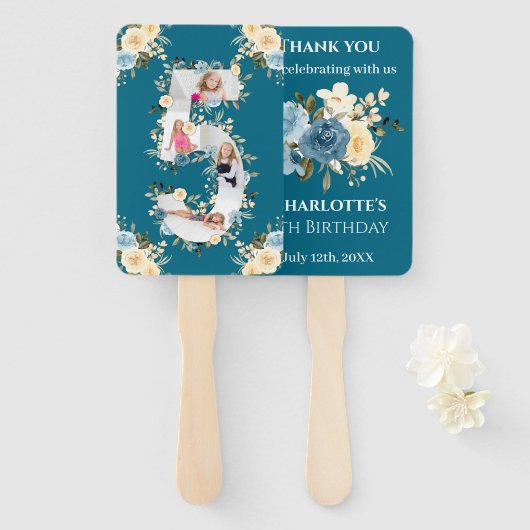 Éventail Collage photo turquoise 5e anniversaire Blue Yello (Devant et derrière)