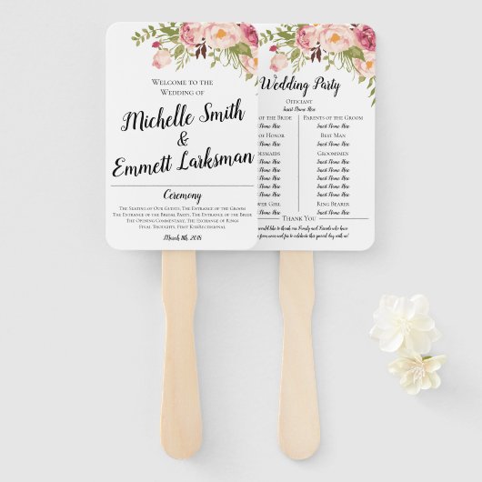 Éventail Commande de cérémonie de Mariage de script Floral (Devant et derrière)