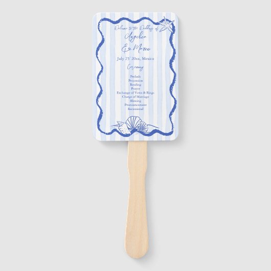 Éventail Coquillages bleu ondulé bordé programme de mariage (Devant)