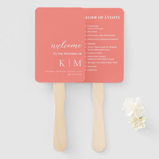 Éventail Corail Rose-Moderne- Programme de mariage monograp (Devant et derrière)
