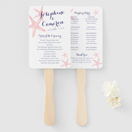 Éventail Coral rose Starfish Programme de mariage de plage (Devant et derrière)