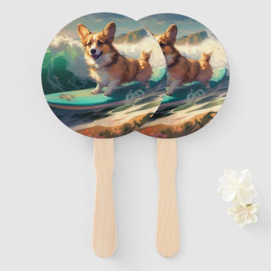 Éventail Corgi Beach Surf Peinture (Devant et derrière)