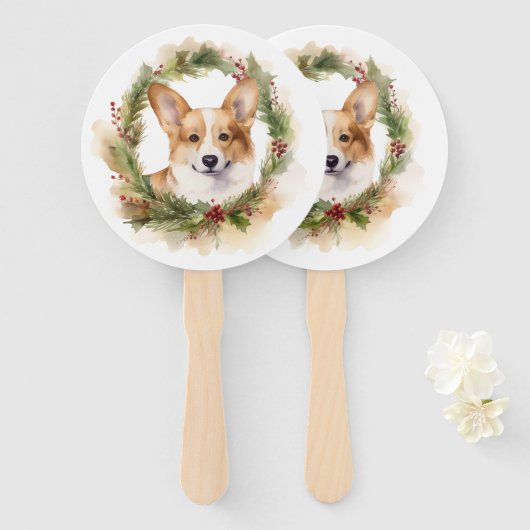 Éventail Corgi Christmas Wreath Festive Pup (Devant et derrière)