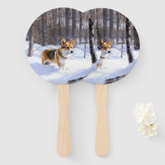 Éventail Corgi Noël sous la neige (Devant et derrière)