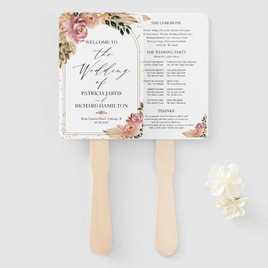 Éventail Couleurs neutres Boho Floral Wedding Programme (Devant et derrière)
