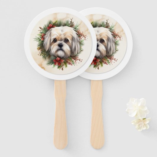 Éventail Couronne de Noël Lhasa Apso festive chiot (Devant et derrière)