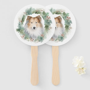 Éventail Couronne de Noël Rough Collie festive chiot