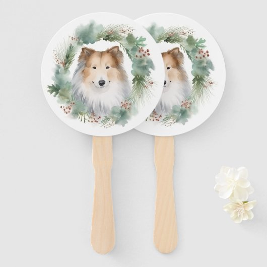 Éventail Couronne de Noël Rough Collie festive chiot  (Devant et derrière)