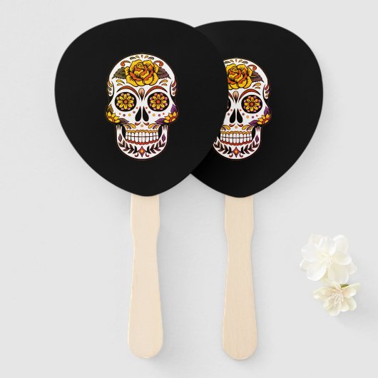 Éventail Crâne à sucre rose jaune sur noir (Devant et derrière)