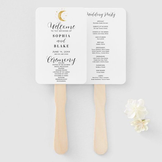 Éventail Crescent Moon Starry Night White Wedding Programme (Devant et derrière)