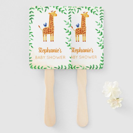 Éventail Cute Giraffe & Baby shower d'oiseaux (Devant et derrière)