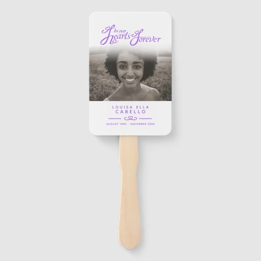 Éventail Dans nos coeurs funérailles violet blanc programme (Dos)