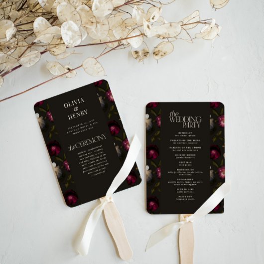 Éventail Dark Floral Wedding Program Elegant Burgundy