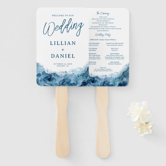 Éventail de main de programme de mariage à l'aquar (Devant et derrière)