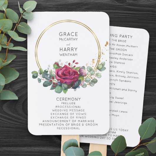 Éventail de main de programme de mariage Rose Roug