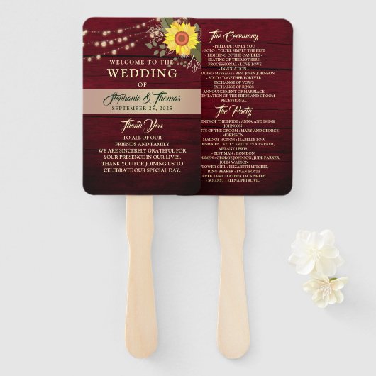 Éventail de main de programme de mariage tournesol (Devant et derrière)