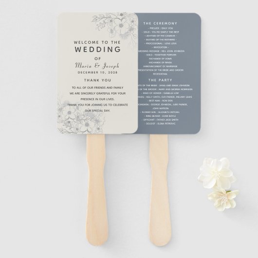 Éventail de mariage à fleurs bleu poussiéreux (Devant et derrière)