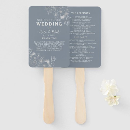 Éventail de mariage bleu poussiéreux (Devant et derrière)